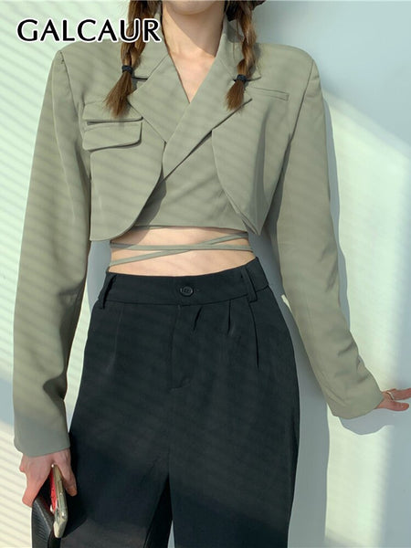 TWOTWINSTYLE High Street Plain Short Blazers For Women Notched Loose Long Sleeve Lace Up Coats Female 2022 Spring Style