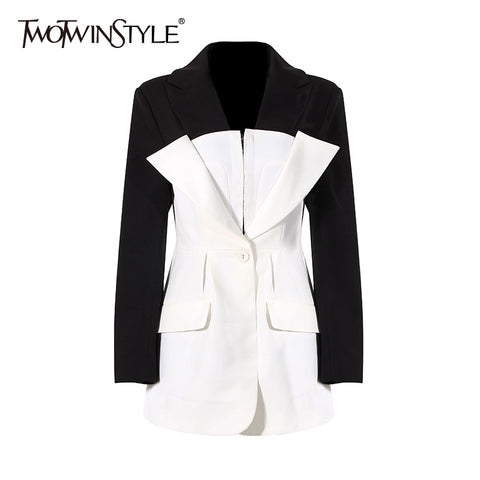 TWOTWINSTYLE Hit Color Casual Korean Blazer For Women Notched Long Sleeve Elegant Straight Blazers Female Spring Clothes