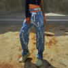 TWOTWINSTYLE Hit Color Tie Dye Wide Leg Pants For Women High Waist Hollow Out Lace Up Streetwear Jeans Female 2022 Summer New