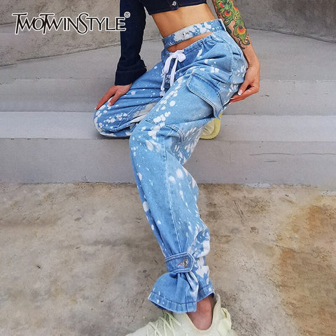 TWOTWINSTYLE Hit Color Tie Dye Wide Leg Pants For Women High Waist Hollow Out Lace Up Streetwear Jeans Female 2022 Summer New