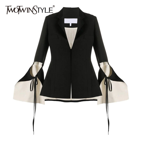 TWOTWINSTYLE Hollow Out Black Blazer For Women Notched Flare Long Sleeve Lace Up Bowknot Solid Blazers Female 2023