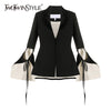TWOTWINSTYLE Hollow Out Black Blazer For Women Notched Flare Long Sleeve Lace Up Bowknot Solid Blazers Female 2023