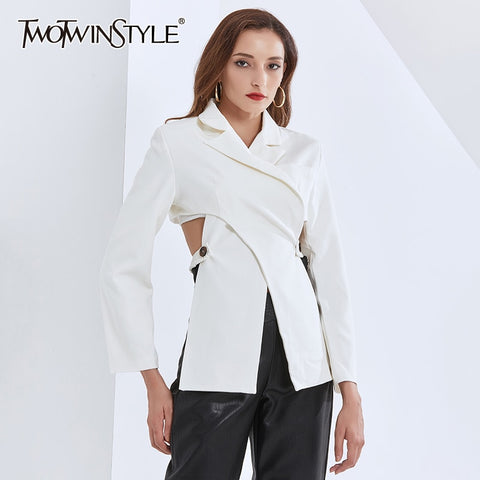TWOTWINSTYLE Hollow Out Blazer For Women Notched Collar Long Sleeve Cross Backless Designer Coats Female 2023 Fall Clothing