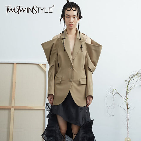 TWOTWINSTYLE Hollow Out Casual Blazer For Women Notched Long Sleeve Vintage Solid Blazers Female Clothing Spring