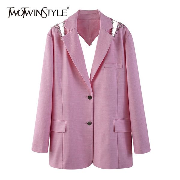 TWOTWINSTYLE Hollow Out Patchwork Diamond Blazer For Women Notched Long Sleeve Casual Solid Blazers Female Clothes