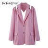 TWOTWINSTYLE Hollow Out Patchwork Diamond Blazer For Women Notched Long Sleeve Casual Solid Blazers Female Clothes