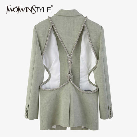 TWOTWINSTYLE Hollow Out Solid Blazer For Women Notched Long Sleeve Casual Korean Blazers Female 2023 Spring Clothes