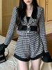 TWOTWINSTYLE Houndstooth Two Piece Sets For Women V Neck Long Sleeve Single Breasted Coats High Waist Short Pants Set 2023
