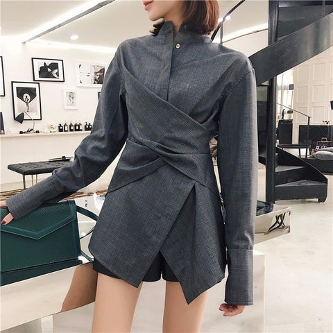 Irregular Women's Blouse Stand Collar Long Sleeve Cross Lace Up Shirt Summer Fashion Tops Female Clothing 2022