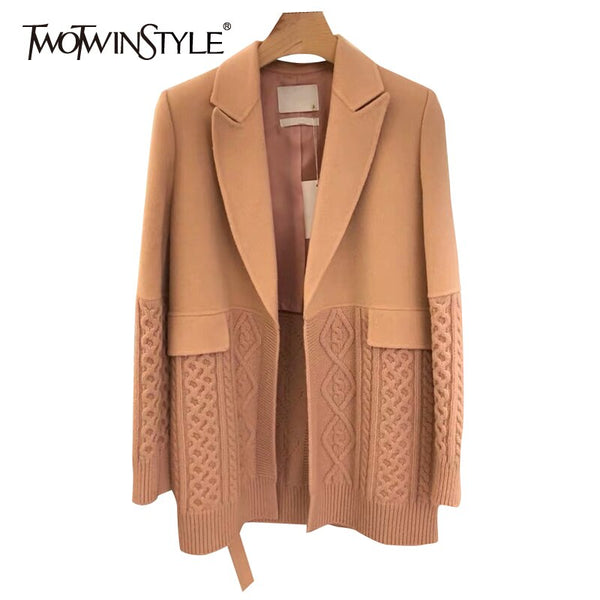 TWOTWINSTYLE Korean Female Blazer Notched Long Sleeve Patchwork Knitted Straight Loose Coats For Women Autumn Stylish
