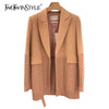 TWOTWINSTYLE Korean Female Blazer Notched Long Sleeve Patchwork Knitted Straight Loose Coats For Women Autumn Stylish