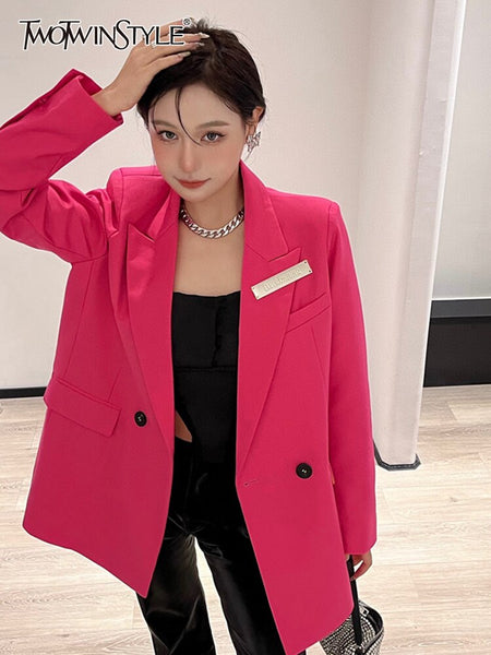 TWOTWINSTYLE Korean Solid Blazer For Women Notched Collar Long Sleeve Double Breasted Loose Coats Female Autumn Clothing