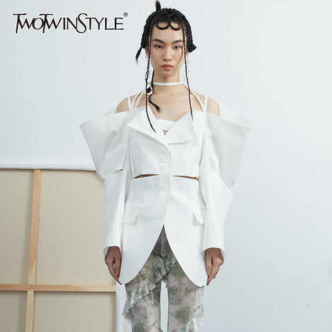 TWOTWINSTYLE Loose White Blazer For Women Notched Collar Long Sleeve Hollow Out Casual Blazers Female 2022 Clothing