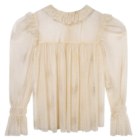 Mesh Dot Shirt Ruffles Patchwork Lace Up Bow Puff Sleeve Ruched Vintage Blouse Tops Summer Fashion Palazzo Clothing