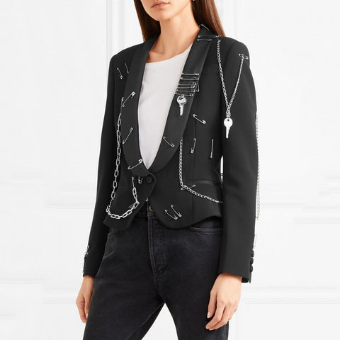 Metal Ring Women's Jacket Pin Patchwork Black Slim Short Blazer 2022 Autumn Fashion Harajuku Large Size Clothing