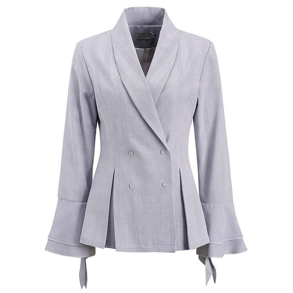 Coat Female Plaid Flare Sleeve Ruffles Double Breasted Tunic High Waist Women's Blazer 2022 Spring Fashion Tops