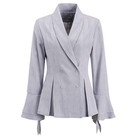 Coat Female Plaid Flare Sleeve Ruffles Double Breasted Tunic High Waist Women's Blazer 2022 Spring Fashion Tops