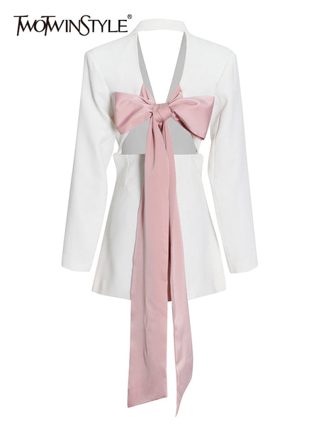 TWOTWINSTYLE Patchwork Bowknot Blazer For Women Notched Collar Long Sleeve Straight Blazers Female Korean Clothing Style
