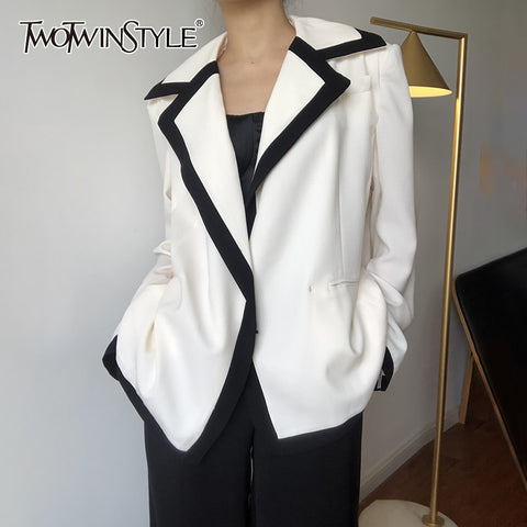 TWOTWINSTYLE Patchwork Casual Blazer For Women Notched Long Sleeve Pockets Hit Color Blazers Female Summer Clothing 2022 Stylish