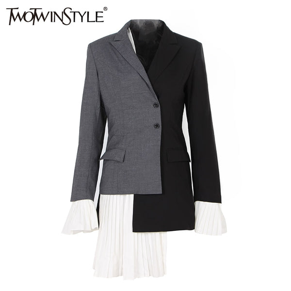 Patchwork Chiffon Asymmetrical Coat Female Jacket Flare Long Sleeve Women's Blazer Costume Fashion Clothes Autumn