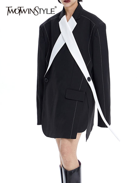 TWOTWINSTYLE Patchwork Colorblcok Blazer For Women Notched Collar Long Sleeve Straight Blazers Female Spring Clothing Style New