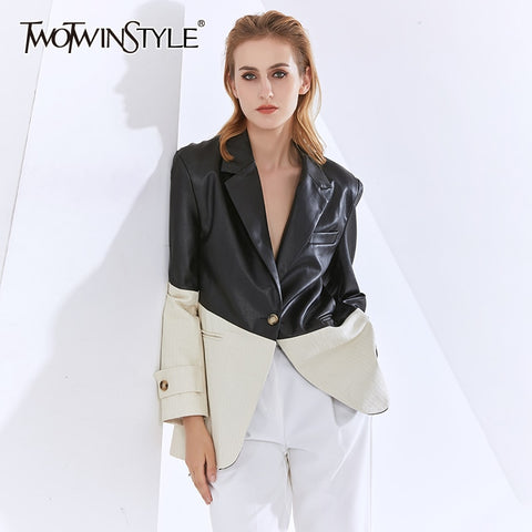 TWOTWINSTYLE Patchwork PU Leather Blazers For Women Notched Long Sleeve Hit Color Casual Coats Female 2022 Clothing Tide