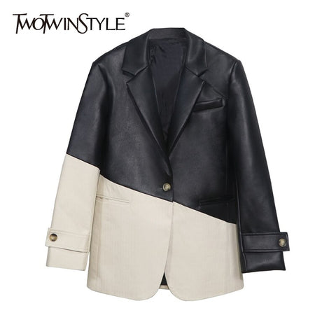 TWOTWINSTYLE Patchwork PU Leather Women's Blazer Coat Lapel Collar Long Sleeve Loose Hit Color For Female Casual Coats 2022