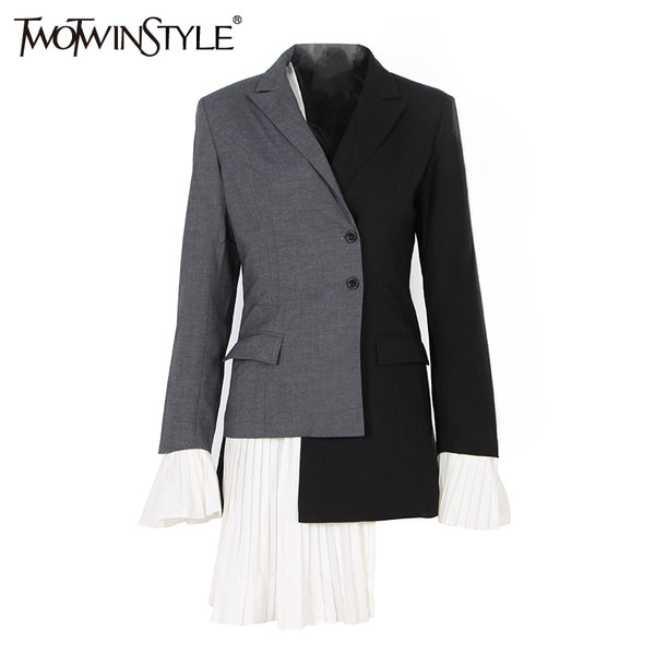 Patchwork Pleated Chiffon Women Blazer Flared Sleeve Asymmetrical Spring Women's Jackets Suit Coat Female Casual