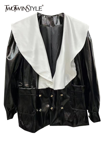 TWOTWINSTYLE Patchwork Ruffle Trim Blazer For Women V Neck Long Sleeve Colorblock Casual Blazers Female Autumn 2023 New