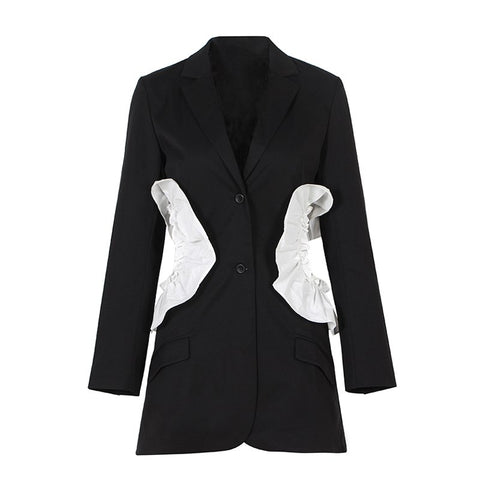 Patchwork Ruffle Women's Blazer Suit Hollow Out Jacket Coat Female Long Sleeve Clothes Korean Large Size 2022