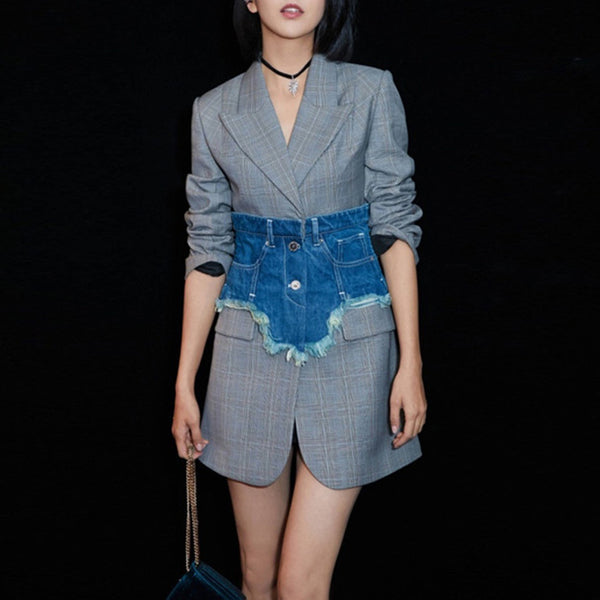 Plaid Blazer With Denim Wide Belt Long Sleeve Slim Tunic High Waist Midi Coats Female Autumn Fashion  Clothing
