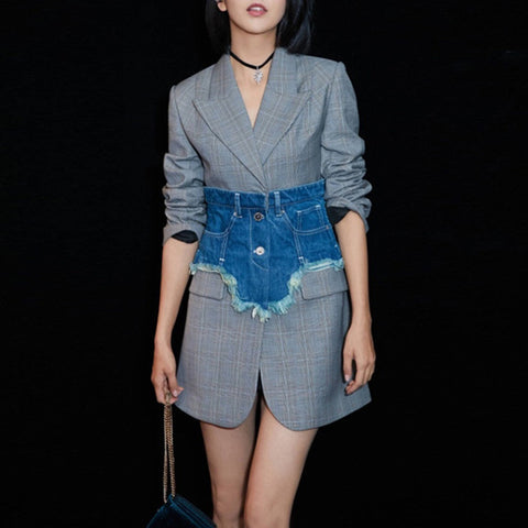 Plaid Blazer With Denim Wide Belt Long Sleeve Slim Tunic High Waist Midi Coats Female Autumn Fashion  Clothing