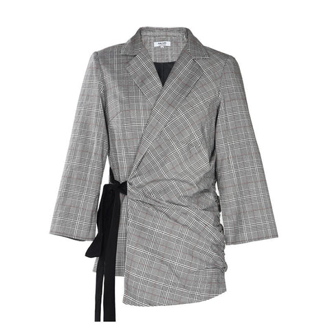 Plaid Lace Up Tunic Blazer For Women Pleated High Waist Big Size Tops Female Long Sleeve Coats Fashion Clothing