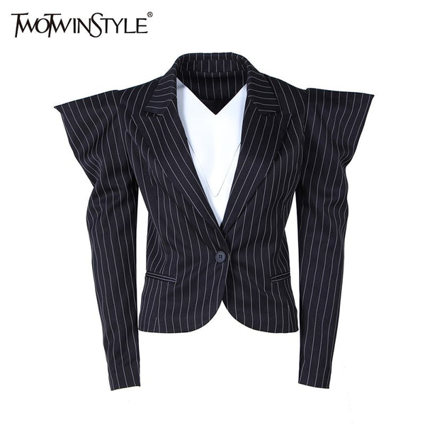 Puff Sleeve Blazer For Women Striped Lapel Collar Long Sleeve Single Button Female Coats Spring Fashion  Clothing