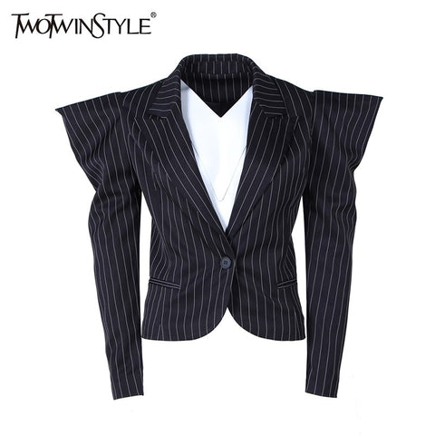 Puff Sleeve Blazer For Women Striped Lapel Collar Long Sleeve Single Button Female Coats Spring Fashion  Clothing
