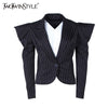 Puff Sleeve Blazer For Women Striped Lapel Collar Long Sleeve Single Button Female Coats Spring Fashion  Clothing