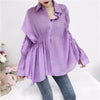 Puff Sleeve Shirt For Women Chiffon Lapel Collar Ruched Split Irregular Blouse Summer Autumn Fashion Korean Clothes