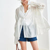 Puff Sleeve Shirt For Women Chiffon Lapel Collar Ruched Split Irregular Blouse Summer Autumn Fashion Korean Clothes