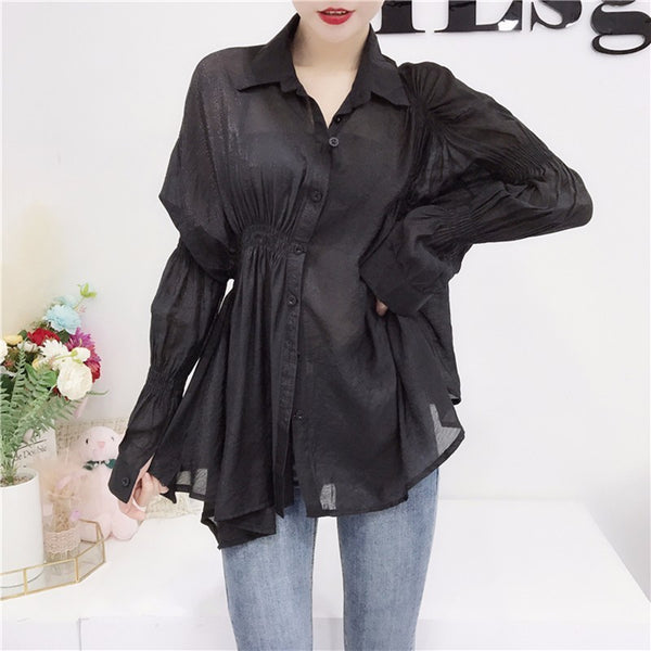 Puff Sleeve Shirt For Women Chiffon Lapel Collar Ruched Split Irregular Blouse Summer Autumn Fashion Korean Clothes
