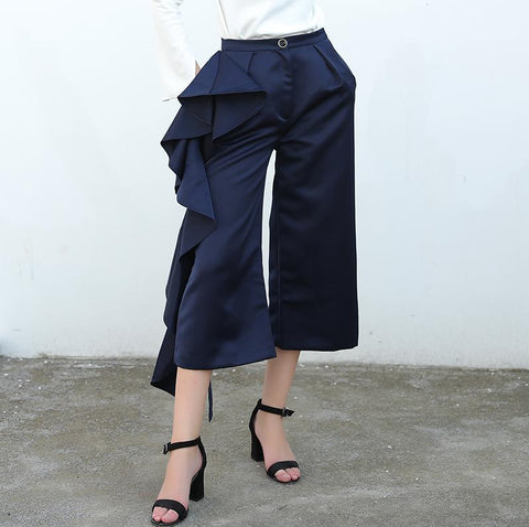 Ruffle Trousers for Women High Waist Wide Leg Pants Female Casual Palazzo Bottoms Large Sizes Clothes Korean Autumn