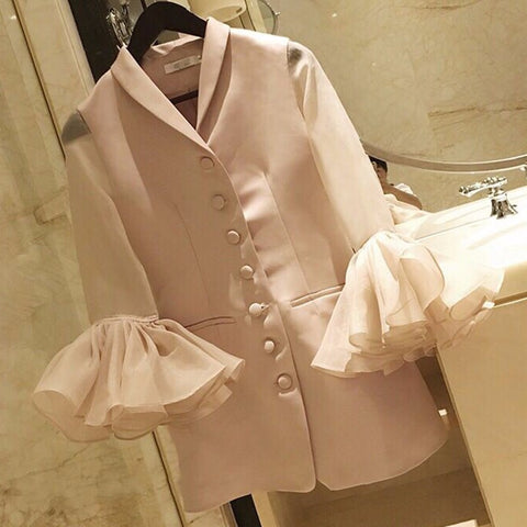 Ruffles Long Blazer Female V Neck Flare Sleeve Single Breasted Pink Spring Coat Womens 2022 Fashion Sweet Clothes