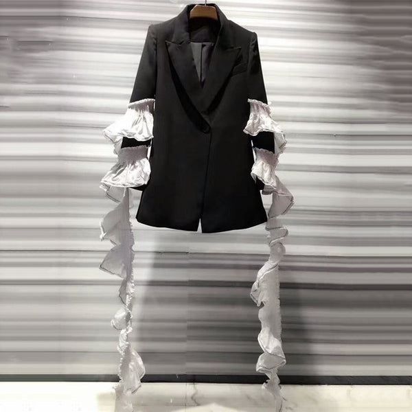 Ruffles Ribbons Blazer For Women Patchwork Long Sleeve Basic Black Coat Female Female 2022 Fashion  Clothing