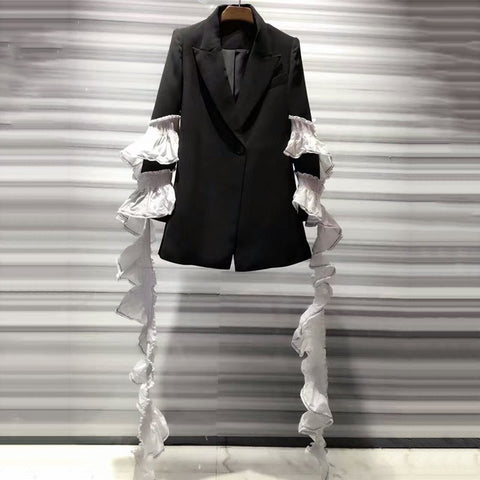 Ruffles Ribbons Blazer For Women Patchwork Long Sleeve Basic Black Coat Female Female 2022 Fashion  Clothing