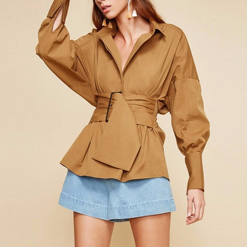 Sashes Blouse Female V Neck Lantern Sleeve Tunic High Waist Shirts With Wide Belt Summer Fashion Tops Clothing