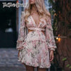 Sexy Print Dress Female Chiffon V Neck Hollow Out Lantern Sleeve High Waist Mini Dresses Summer Fashion Sweet New