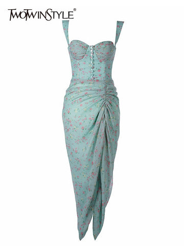 TWOTWINSTYLE Sexy Print Floral Dress For Women Square Collar Sleeveless High Waist Ruched Midi Dresses Female Clothing