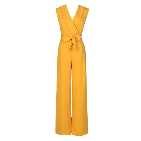 Sleeveless Jumpsuits Female V Neck Belt High Waist Slim Yellow Long Wide Leg Pants 2022 Summer Fashion OL Clothing