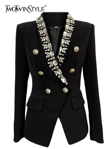TWOTWINSTYLE Slim Black Women Jackets Blazer Cotton Embroidered Beading Gold Double-breasted Button Beaded Shawl Collar Blazers