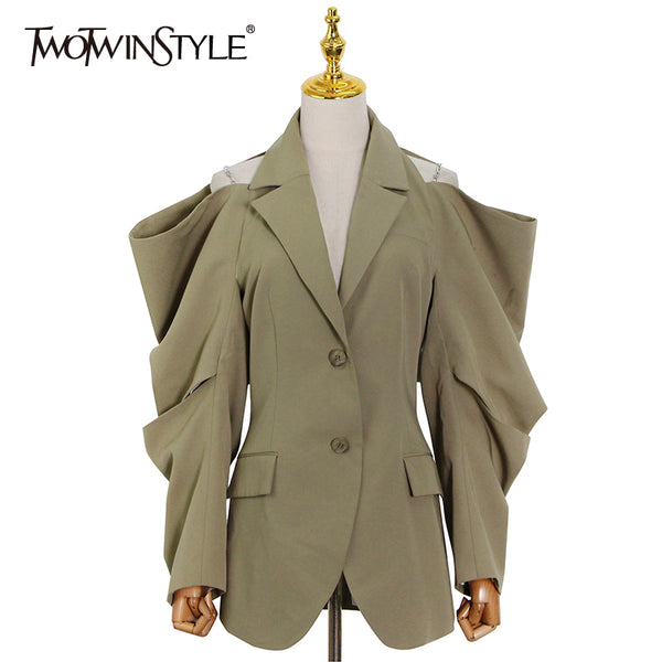 TWOTWINSTYLE Solid Fold Pleated Women Coat Notched Long Sleeve Gathered Waist Cut Out Women's Blazer 2023 Clothing New