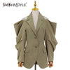 TWOTWINSTYLE Solid Fold Pleated Women Coat Notched Long Sleeve Gathered Waist Cut Out Women's Blazer 2023 Clothing New